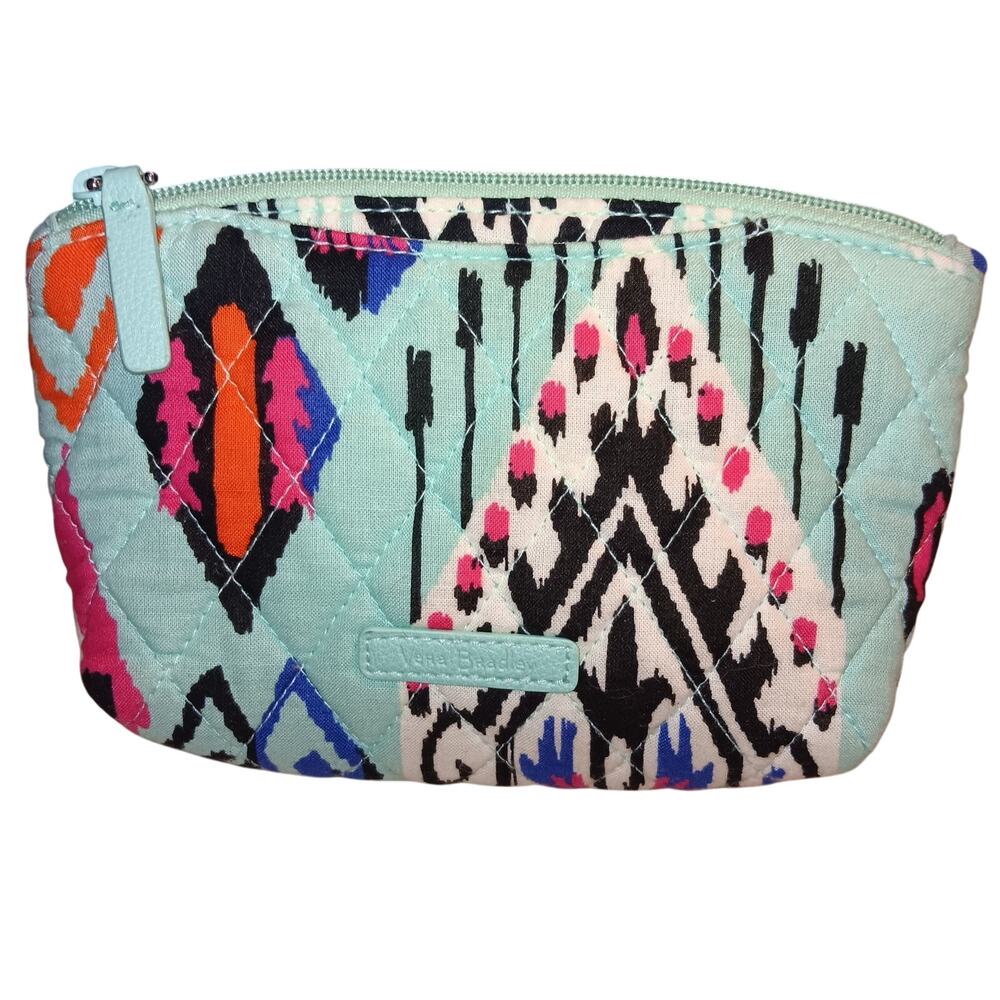 Vera Bradley Pueblo Pattern Make-Up Bag Attached Mirror Zip Close Aqua CLEAN!